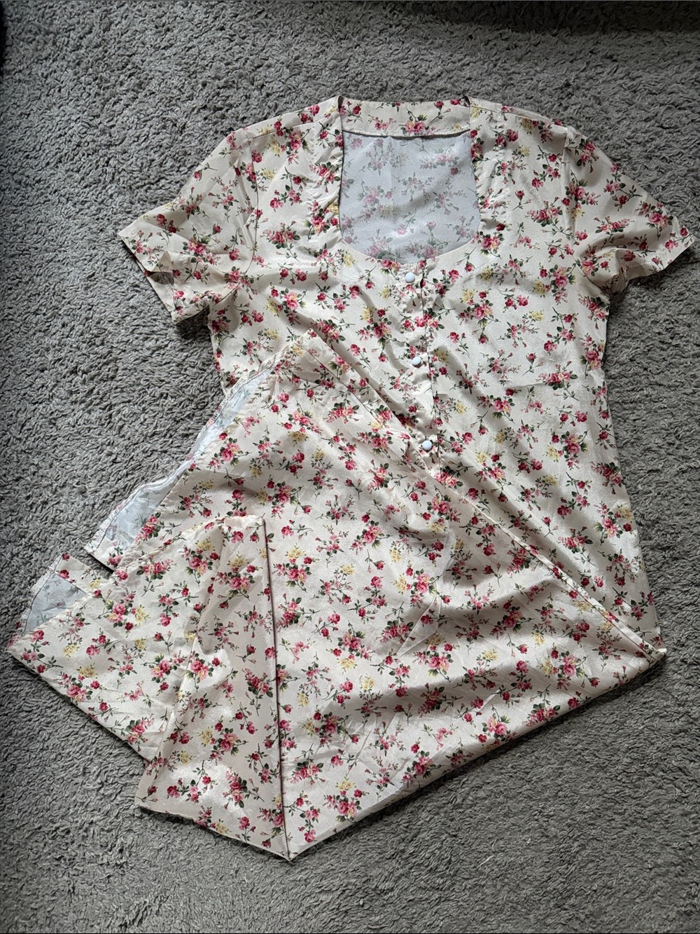 Hand made Floral Square-Neck Women’s maxi dress. Cream with Pink Rose Print
